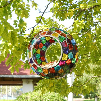 VCUTEKA Bird Feeder Mosaic Fly Through Bird Feeders for Outside Hanging with Round Shape Glass Container to Attract More Wild Birds for Garden, Yard, Backyard, Deck and Porch Decor, Polygon 7-Inch