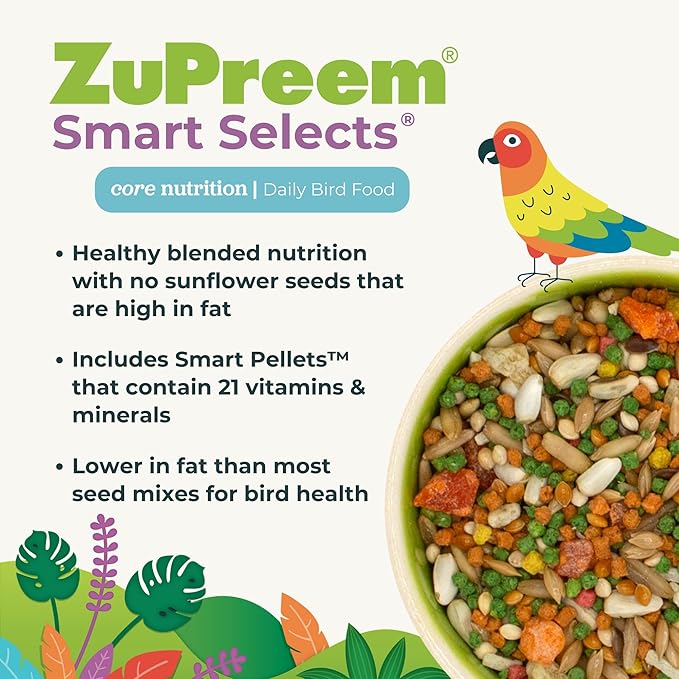ZuPreem Smart Selects Daily Bird Food for Parakeet, Budgie, Parrotlet, Dove, Bird Pellets and Seed Blend, Core Nutrition for Small Birds, Made in USA, Parakeet Food, Budgie Food (S, 2 lb)