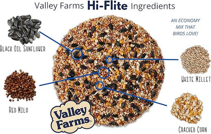Valley Farms Hi-Flite Wild Bird Food (5 LB) Outside feeders, Bird Seed with Millet, Crack Corn, Black Oil Sunflower Seeds Birds, Economy Bird Seed for Outside Feeders, Birdseed