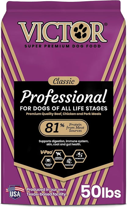 VICTOR Super Premium Dog Food – Professional Dry Dog Food – Super Premium Kibble with 26% Protein – Gluten-Free with Beef, Chicken & Pork Meals – for High Energy and Active Dogs & Puppies, 50lbs