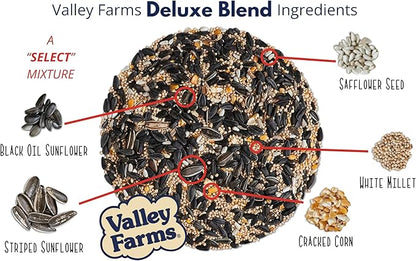 Valley Farms Deluxe Blend (40 LB) Wild Bird Food for Outside Feeders with Black Oil Sunflower and Safflower Seeds for Birds - Value Birdseed