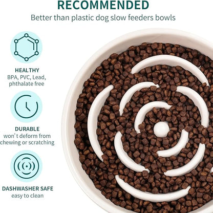 White Ceramic Dog Bowl Slow Feeder for Medium and Large Breed,1.5 Cup 8.26 in Slow Feeding Bowl,Puzzle Dog Food Bowl for Fast Eater,Maze Dish for Fast Eater