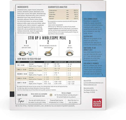 The Honest Kitchen Human Grade Dehydrated Grain Free Dog Food – Complete Meal or Dog Food Topper – Turkey 2 lb (makes 8 lbs)