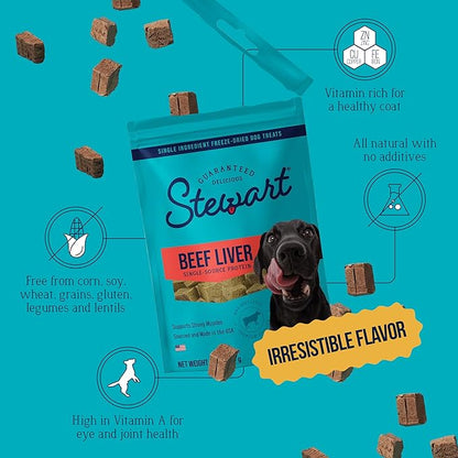 Stewart Single Ingredient Freeze Dried Raw Dog Treats, Beef Liver, 3.5 Ounce, Approx. 75 Pieces per Resealable Pouch, Training Treats or Meal Topper, High Protein, Grain Free, Gluten Free