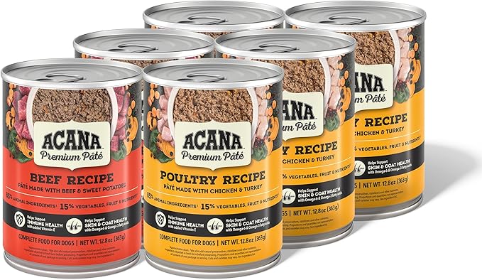 ACANA Premium Pate in Bone Broth Grain-Free Wet Dog Food Variety Pack: Beef + Poultry Recipes 12.8oz Cans (6 Count, 3 of Each)