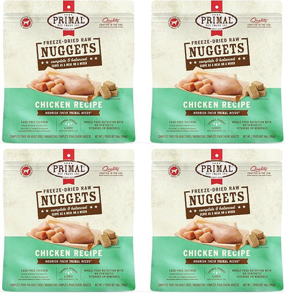 Primal Freeze Dried Dog Food Nuggets, Chicken, Complete & Balanced Meal, Also Use as Topper or Treat, Premium, Healthy, Grain Free, High Protein Raw Dog Food, 14 oz (Pack of 4)