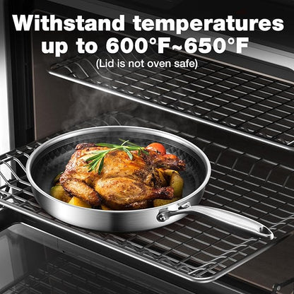 8-10 Inch Non Stick Frying Pans, Ceramic Coating NonStick Stainless Steel Pan Set, Tri-Ply Skillets and Pan Set with Lid, Cool-Touch Handle, Dishwasher and Oven Safe