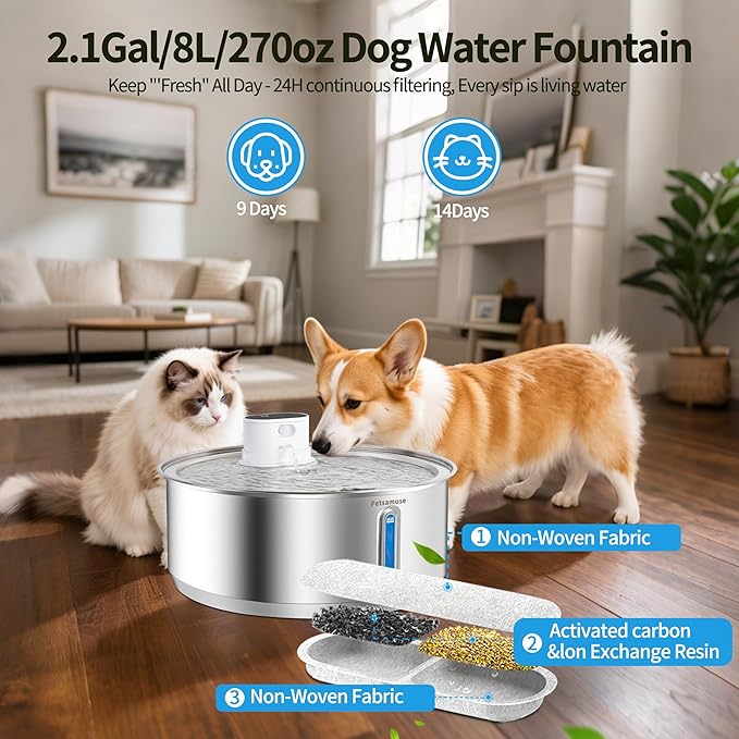 Stainless Steel Large Dog Water Fountain, 2.1Gal/8L Wireless Battery Operated Large Dog Water Bowl Dispenser Motion Sensor Water Fountain Bowl Inside with 13 Filters and 2 Ultra Quiet Pumps