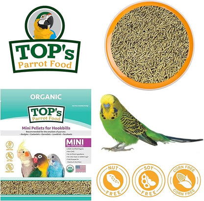 TOP's Parrot Food Mini Pellets Bird Food for Budgies, Cockatiels, Parrotlets, Lovebirds, Parakeets - Non-GMO, Peanut Soy & Corn Free, USDA Organic Certified - 4LBS