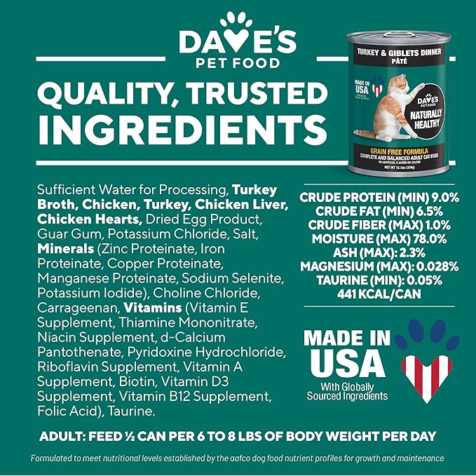 Dave's Pet Food Grain Free Canned Cat Food (Turkey & Giblets Pate), Made in USA Naturally Healthy Canned, Canned Pate, 12.5 oz Cans (12 Pack)