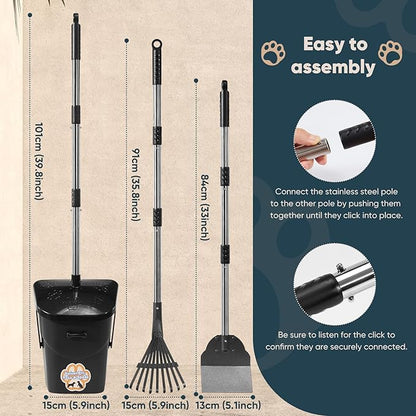 Stainless Steel Dog Pooper Scooper,40" Long Handle Swivel Bin, Rake and Spade,20 Waste Bags & Hook - Heavy Duty Portable Metal Poop Scooper for Large,Medium and Small Dogs