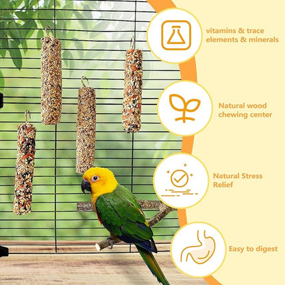 4PCS Parakeet Treat,Natural Parrots Treat Sticks,Vegetable & Grain Style Sticks,Bird Treats for Cockatiel Lovebirds Budgies Myna Canary Finches Conure