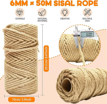 164FT/50M Cat Scratching Sisal Rope, 6mm Thick Natural Jute Rope for Scratch Posts, Cat Trees, DIY Projects, Sisal Rope for Cat Scratcher with 2 Cat Mouse Toys (Natural, 164ft)