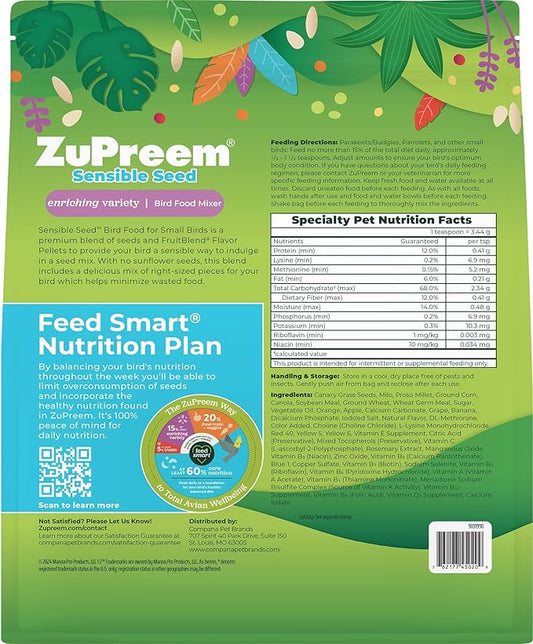 ZuPreem Sensible Seed Bird Food, Parakeet, Budgie, Parrotlet, Dove, Seed and Pellet Blend for Small Birds, Food Mixer Topper, Enriching Variety, Made in USA, Parakeet Seeds (S, 2 lbs)