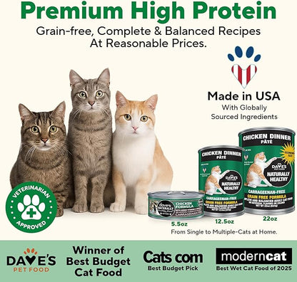 Dave's Pet Food Grain Free Wet Canned Cat Food Pate(Chicken), Made in USA Naturally Healthy, Wheat & Gluten-Free, 12.5 oz Cans (12 Pack)