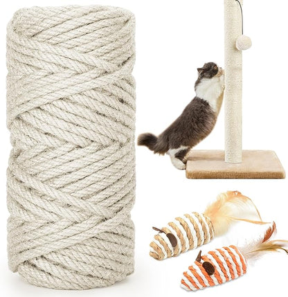 98FT/30M Cat Scratching Sisal Rope, 6mm Thick Natural Jute Rope for Scratch Posts, Cat Trees, DIY Projects, Sisal Rope for Cat Scratcher with 2 Cat Mouse Toys (White, 98ft)