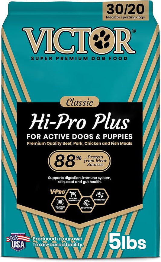 VICTOR Super Premium Dog Food – Hi-Pro Plus Dry Kibble – High Protein Dog Food with 30% Protein – Beef, Chicken, Pork, Fish Meals, Gluten Free - for High Energy and Active Dogs & Puppies, 5lbs