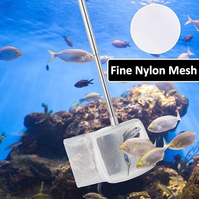 Aquarium Shrimp Net, Shrimp Skimming Aquarium Nets with Extendable Stainless Steel Handle Fish Net for Fish Tank Aquariums Small Ponds Baby-Fish Food Residue Debris, Retractable 7.5-21 Inches Long