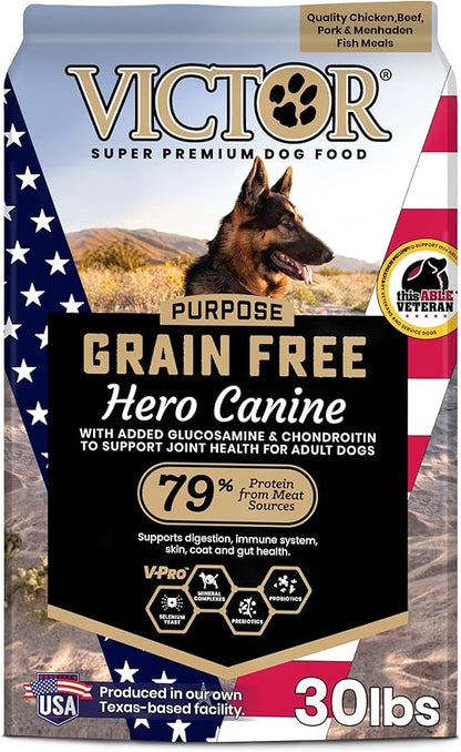 VICTOR Super Premium Dog Food – Purpose Hero Canine Kibble – Premium Gluten Free Dog Food for Active Adult Dogs – High Protein with Glucosamine and Chondroitin for Hip and Joint Health, 30lbs