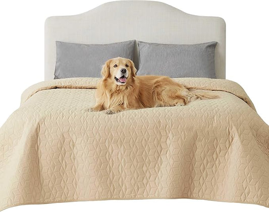 Bedsure 100% Waterproof Bed Cover for Dogs Washable - Non Slip Waterproof Dog Blanket for Bed, Lightweight Furniture Protector Durable for Pet Cat Puppy with Non-Slip Bottom, Beige, 82x102IN