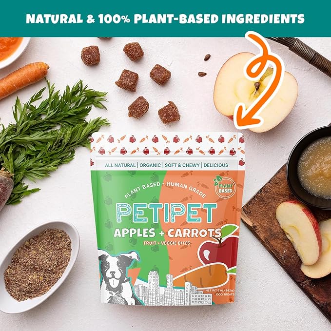 Apples+Carrots Plant-Based Fruit Dog Treats - Carrot and Apple Soft & Chewy - Healthy Vegetarian, Vegan Dog Treats with Organic Ingredients - Low-Protein, Hypoallergenic, Gluten-Free