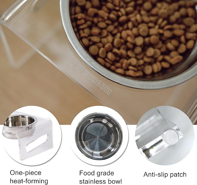 Tilted Raised Elevated Food and Water Bowls Stand for Cat or Small Dogs - Puppy's Clear Acrylic Stainless Steel 3 Dishes Holder for Boy or Girl Pet by WBhonghui (Clear-3bowls)