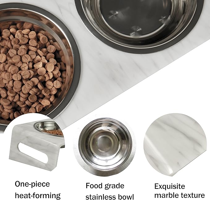Tilted Raised Cat Bowls, Elevated 15°Orthopedic Bowls for Puppy or Dog, 4 Stainless Steel Pet Feeding Food Dishes Set, Durable Acrylic Stand, Easy to Clean (Marble)