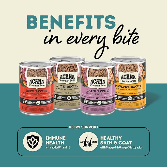 ACANA Premium Pate in Bone Broth Grain-Free Wet Dog Food Variety Pack: Beef + Poultry Recipes 12.8oz Cans (6 Count, 3 of Each)