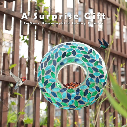 VCUTEKA Bird Feeder Mosaic Fly Through Bird Feeders for Outside Hanging with Round Shape Glass Container to Attract More Wild Birds for Garden, Yard, Backyard, Deck and Porch Decor, Green 10-Inch