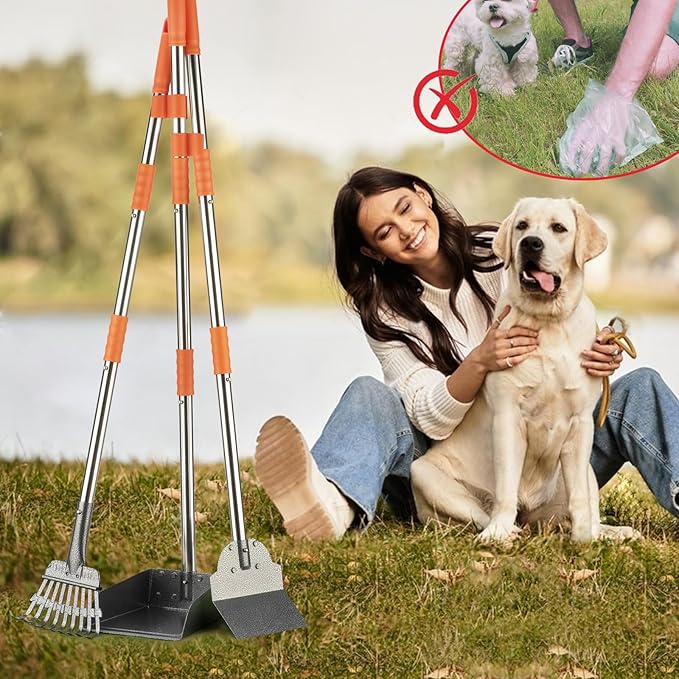 TIMINGILA Pooper Scooper Dog Pooper Scooper Long Handle Stainless Metal Tray Rake Spade Set for Large Medium Small Dogs Easy to Clean Pet Waste Use for Yard, Grass, Dirt or Gravel - Pet Supplies