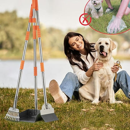 TIMINGILA Pooper Scooper Dog Pooper Scooper Long Handle Stainless Metal Tray Rake Spade Set for Large Medium Small Dogs Easy to Clean Pet Waste Use for Yard, Grass, Dirt or Gravel - Pet Supplies