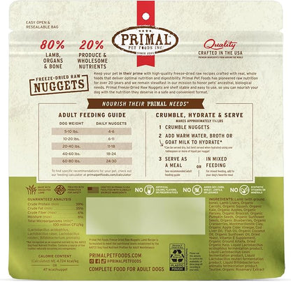 Primal Freeze Dried Raw Dog Food Nuggets, Lamb, Complete & Balanced Meal, Also Use as Topper or Treat, Premium, Healthy, Grain Free, High Protein Raw Dog Food, 5.5 oz