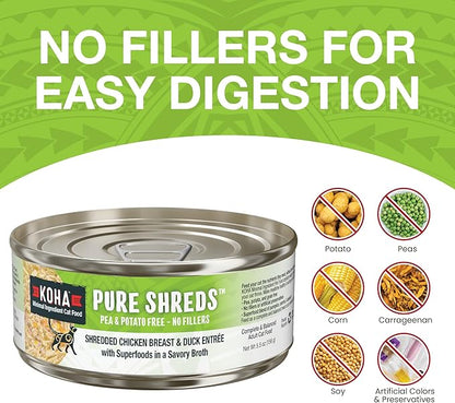 KOHA Pure Shreds Chicken and Duck Entrée for Cats, High Protein Wet Cat Food, 5.5oz Cans (Pack of 12)