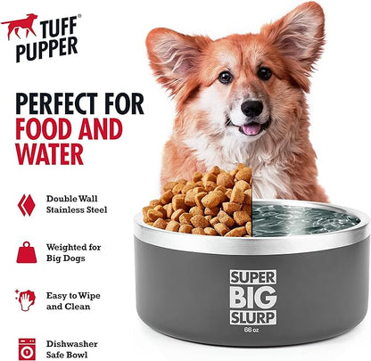 Tuff Pupper Heavy Duty Insulated Dog Bowl | Double Wall Stainless Steel Dog Food Dish | Non-Slip Spill Proof Dishwasher Safe Cat Bowl | Water Dish for Feeding Large Medium Small Pets (66oz, Grey)