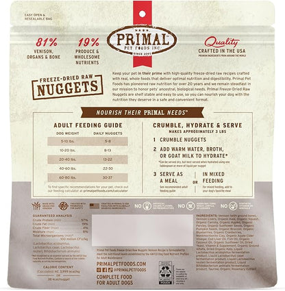 Primal Freeze Dried Raw Dog Food Nuggets, Venison, Complete & Balanced Meal, Also Use as Topper or Treat, Premium, Healthy, Grain Free, High Protein Raw Dog Food, 14 oz