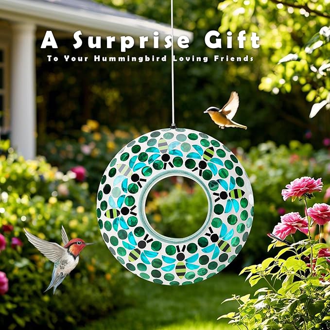 VCUTEKA Bird Feeder Mosaic Fly Through Bird Feeders for Outside Hanging with Round Shape Glass Container to Attract More Wild Birds for Garden, Yard, Backyard, Deck and Porch Decor, Bee 10-Inch