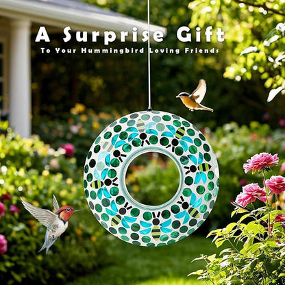 VCUTEKA Bird Feeder Mosaic Fly Through Bird Feeders for Outside Hanging with Round Shape Glass Container to Attract More Wild Birds for Garden, Yard, Backyard, Deck and Porch Decor, Bee 10-Inch
