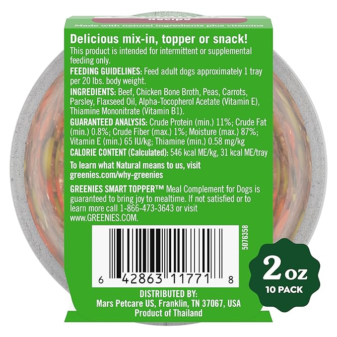 Greenies Smart Topper High Protein Wet Mix-in for Dogs, Beef, Peas & Carrots Recipe in Vitabroth Broth - Bone Broth + Vitamins E & B1, 10 Count