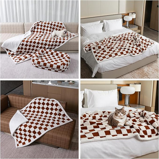 Waterproof Pet Blanket Brown Chercked Dog Throw Blankets for Bed Couch Covers Puppy Cats Stylish Jacquard Sharpa Fleece Mats Pets Sofa Furniture Protection Washable Reversible Covers(Coffee Check,XXL)