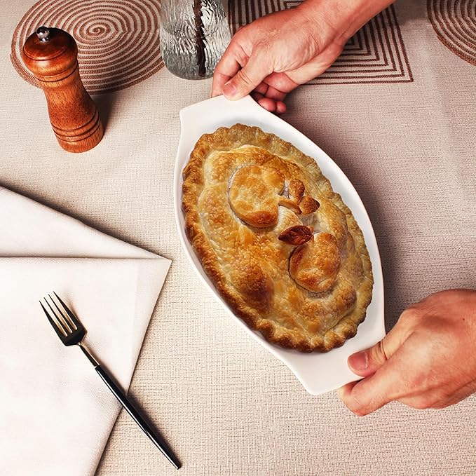 5 x 8 Inch Ceramic Oval Au Gratin Baking Dishes 12 OZ, Set of 4 Banana Split Bowls, for 1 or 2 Person Servings, Bakeware with Handle(10.3 IN) for Kitchen and Home, Oven & Microwave Safe