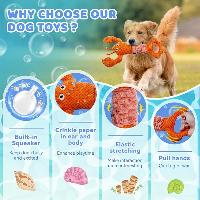 Tug of War Dog Toy, Squeaky Dog Toys Interactive Lobster Puppy Toys with Crinkle Paper to Keep Them Busy