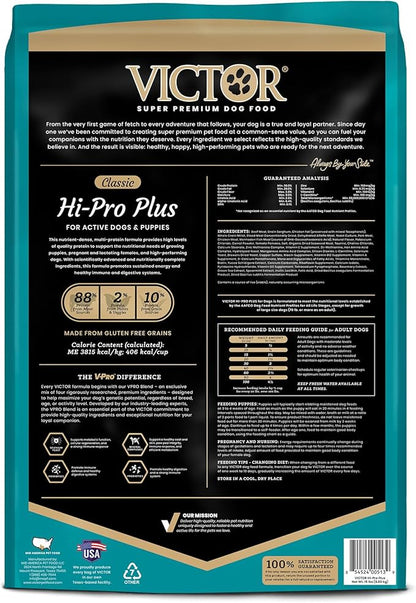 VICTOR Super Premium Dog Food – Hi-Pro Plus Dry Kibble – High Protein Dog Food with 30% Protein – Beef, Chicken, Pork, Fish Meals, Gluten Free - for High Energy and Active Dogs & Puppies, 15lbs