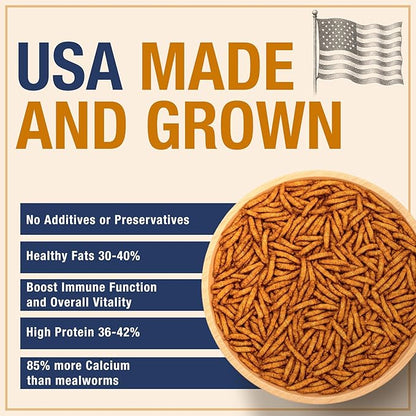 USA Grown Black Soldier Fly Larvae for Chickens - 100% Natural Dried Worms, Grubs & Mealworms with 85X More Protein Chicken Treats for Laying Hens - Birds Feed Supplement for Ducks & Reptiles