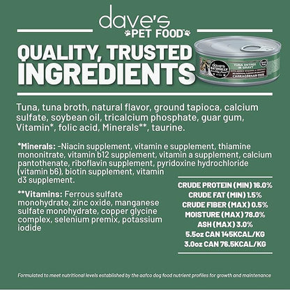 Dave's Pet Food Grain Free Wet Cat Food (Tuna Entree in Gravy), Naturally Healthy Canned, Added Vitamins & Minerals, 5.5 oz Cans (24 Pack)