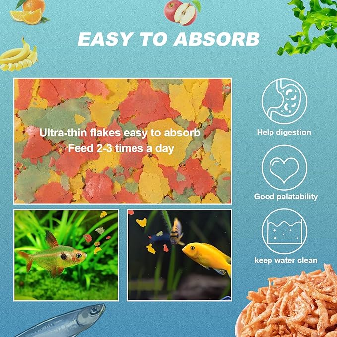 Ultrathin Tropical Fish Food Flakes - 8oz High Protein with Krill & Spirulina, Easy Swallow Color Enhancing & Growth for Betta Guppies Tetra Angelfish