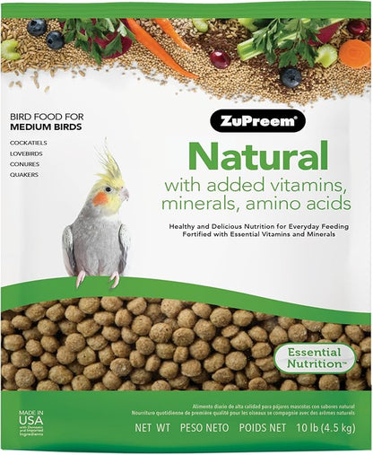 ZuPreem Natural Bird Food, Daily Bird Feed Pellets for Cockatiel, Lovebird, Quaker, Small Conure, Lorikeet, Core Nutrition, Added Vitamins, Made in USA, Cockatiel Food, (Medium, 10 lb Bag)