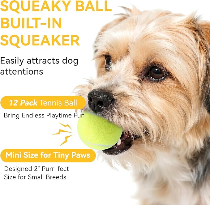 susu & wuwu 12 Pack Squeaky Balls for Small Dogs, 2 Inch Small Tennis Balls Interactive Fetch Dog Toy, Non-Toxic Durable Puppy Chew Toys for Teething, Training, Playing, Throwing