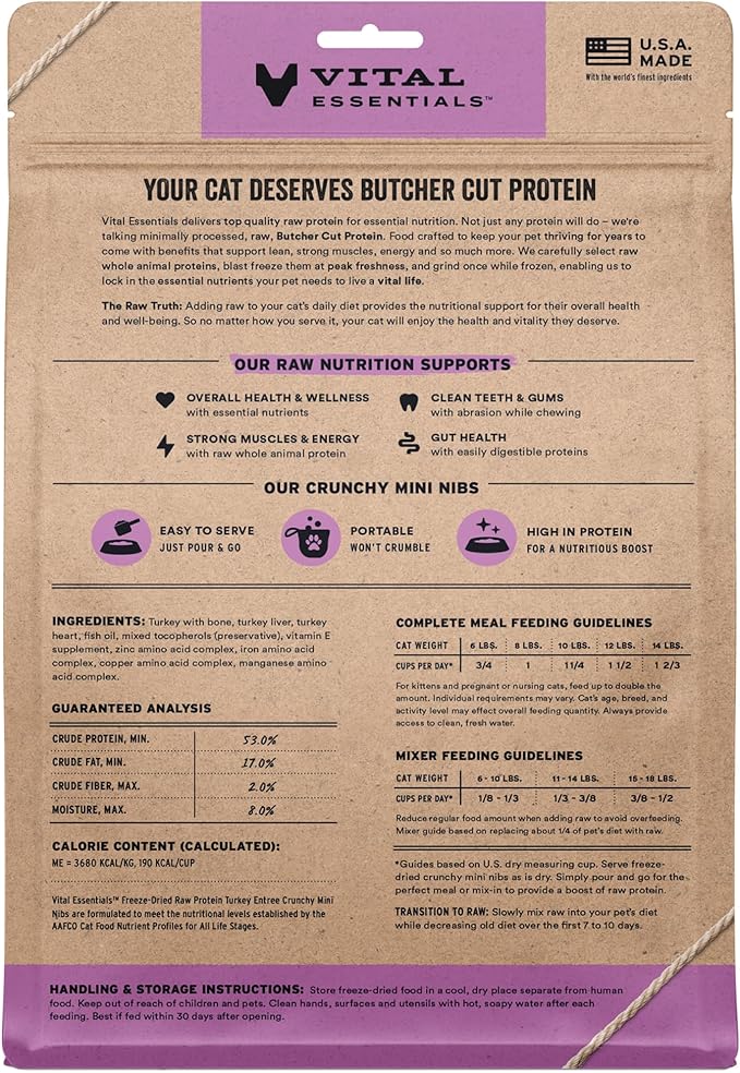 Vital Essentials Freeze-Dried Raw Turkey Meal or Mixer Cat Food Crunchy Nibs, 12 oz