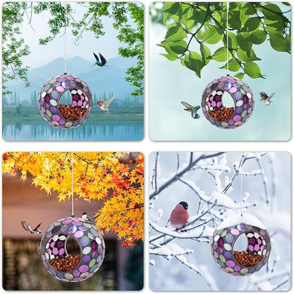 VCUTEKA Mosaic Bird Feeder, Round Glass Container Hanging Bird Feeders for Gardens, Yards, Decks to Attract Wild Birds, 7-Inch Purple