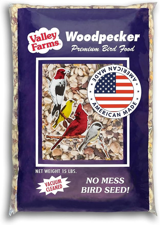 Valley Farms Woodpecker Mix (15 LB) Wild Bird Food for Outdoor Feeders, No Mess Bird Seed, W/Peanuts and Sunflower Hearts for Birds, Woodpecker Food, Attract All Bird Species